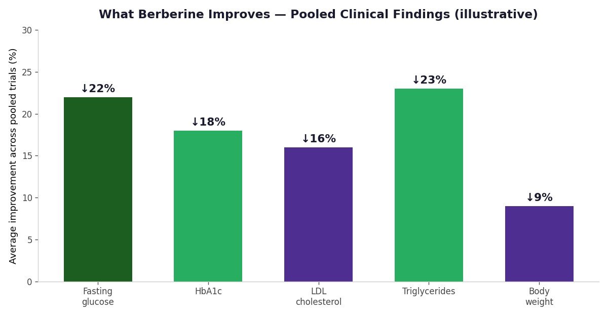Berberine benefits chart - average improvement in fasting glucose HbA1c cholesterol triglycerides weight