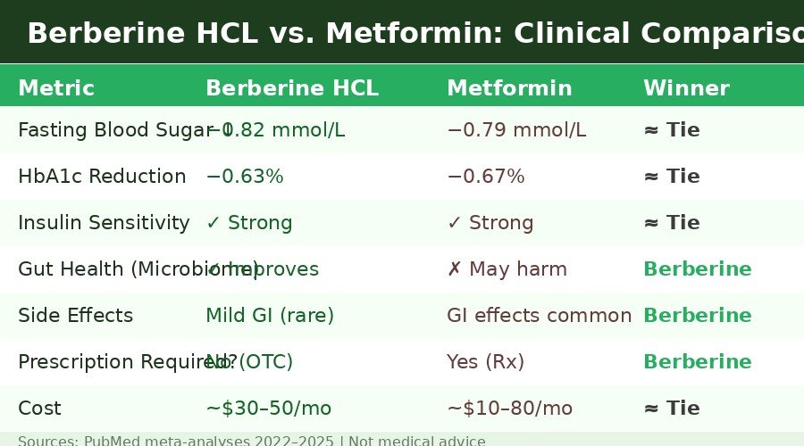 Berberine HCL vs metformin clinical data comparison chart 2026
