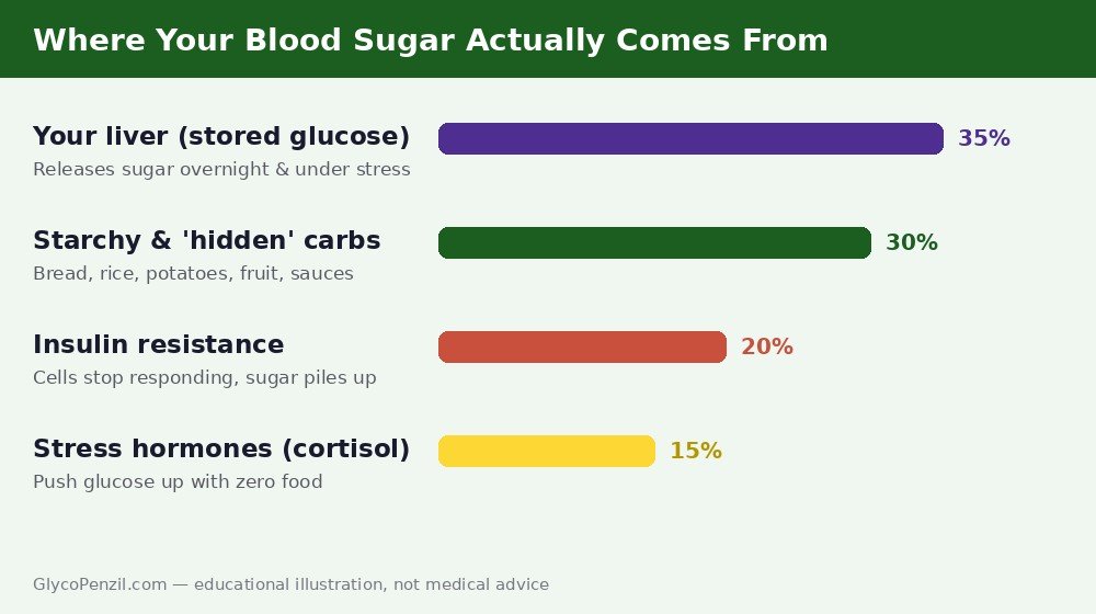 Where blood sugar actually comes from: liver glucose, hidden carbs, insulin resistance and stress hormones