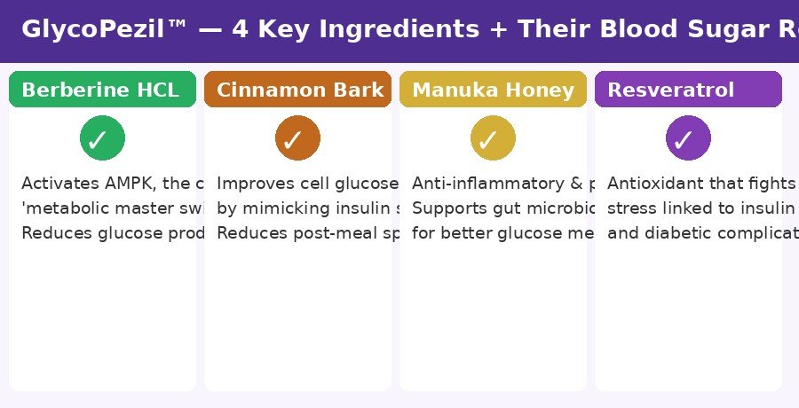 GlycoPezil formula ingredients - berberine HCL cinnamon manuka honey resveratrol blood sugar