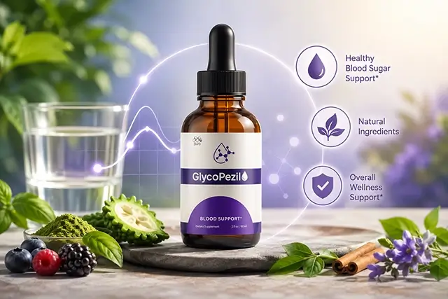 GlycoPezil natural glucose support supplement bottle with berberine, bitter melon, cinnamon and blueberries